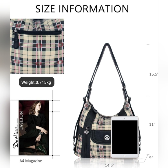 NWT! Black and Apricot Designer Angel Kiss Vegan Leather Plaid Shoulder Hobo Bag - Picture 4 of 7